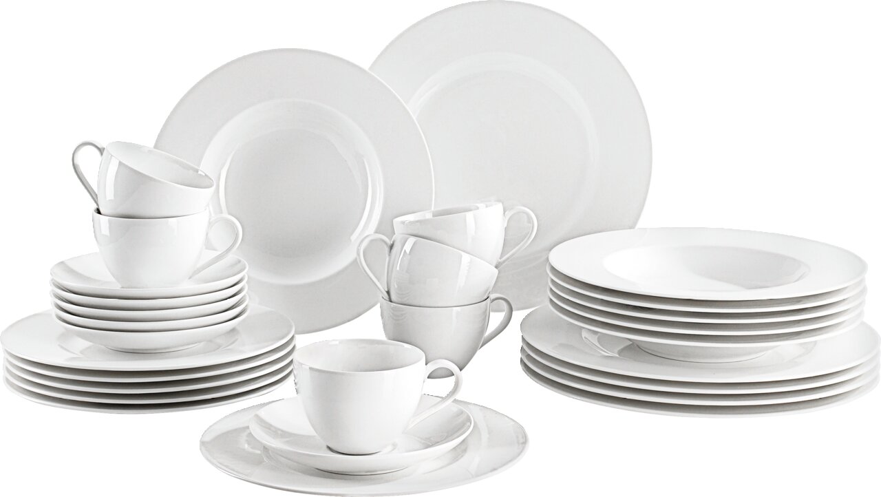 Villeroy & Boch Kombiservice Basic White 30-tlg. Vorderansicht eines 30-teiligen weißen Geschirrsets mit Tellern, Tassen und Untertassen, ideal für ein elegantes Tischgedeck.