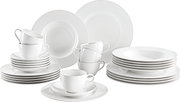Vooraanzicht van een 30-delig wit servies met borden, kopjes en schoteltjes, ideaal voor een elegante tafelsetting.