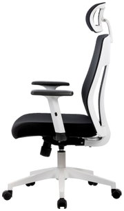 Moderner Drehstuhl in Seitenansicht mit ergonomischer Rückenlehne und Kopfstütze, schwarz-weiße Farbgebung.