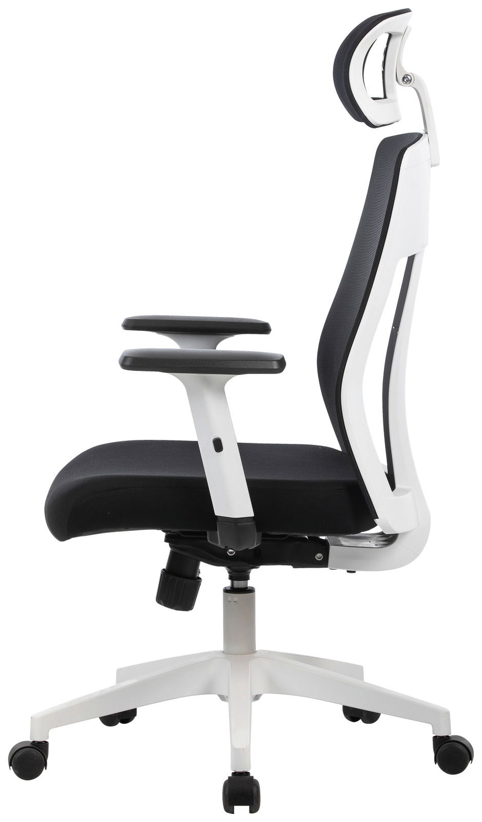 Moderner Drehstuhl in Seitenansicht mit ergonomischer Rückenlehne und Kopfstütze, schwarz-weiße Farbgebung.