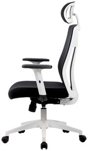 Moderner Drehstuhl in Seitenansicht mit ergonomischer Rückenlehne und Kopfstütze, schwarz-weiße Farbgebung.