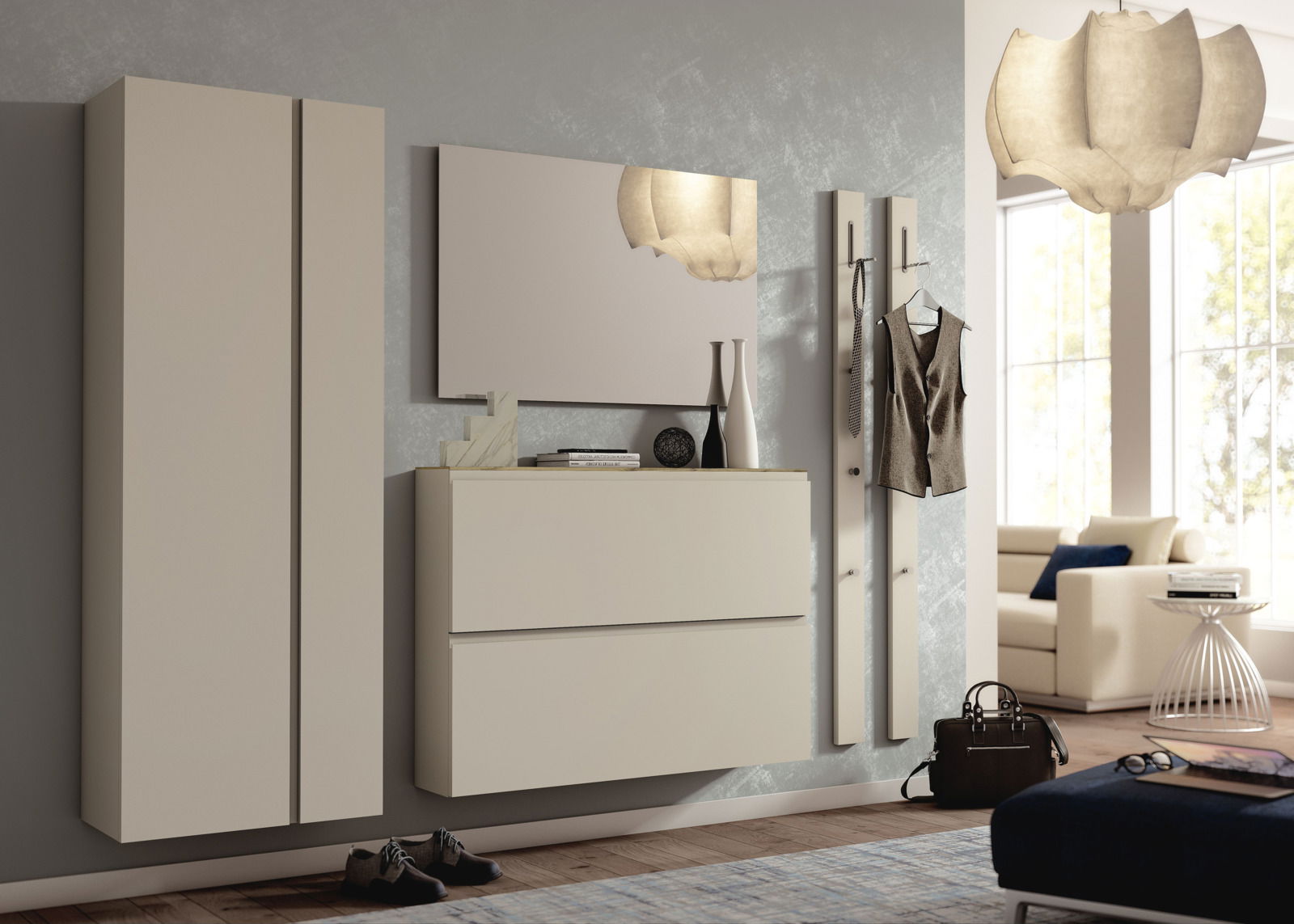 Moderano Garderoben-Set LECCO Modernes Garderobenset in Beige mit Hängeschrank, Spiegel und Kleiderhaken, seitliche Perspektive.