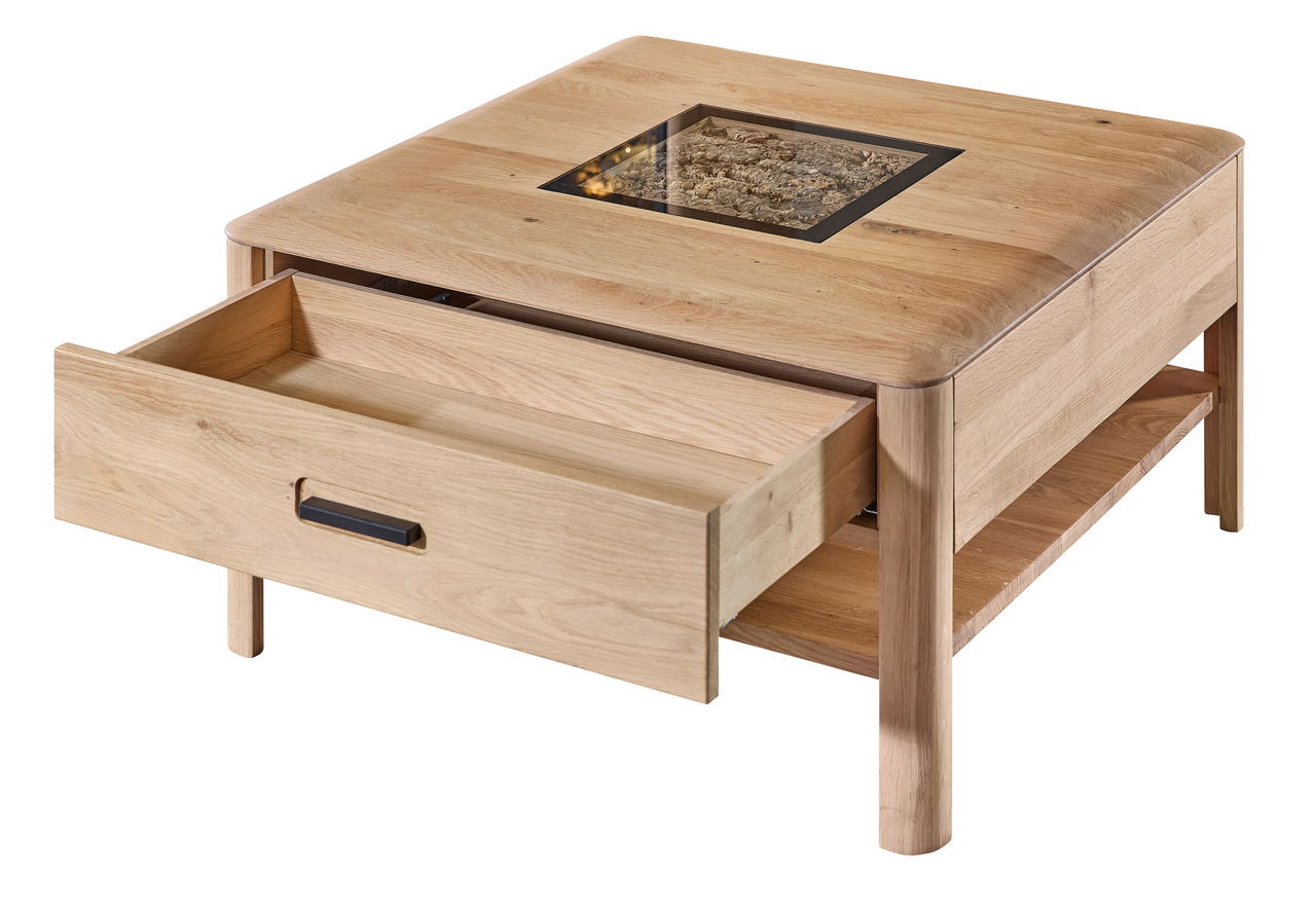 Moderner Couchtisch aus Holz mit Schublade und Glaseinsatz, Perspektive von vorne links