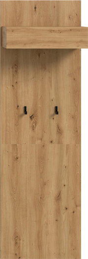 Frontansicht einer Garderobenpaneele aus hellem Holz mit sichtbarer Maserung, oben mit Ablage und zwei schwarzen Wandhaken