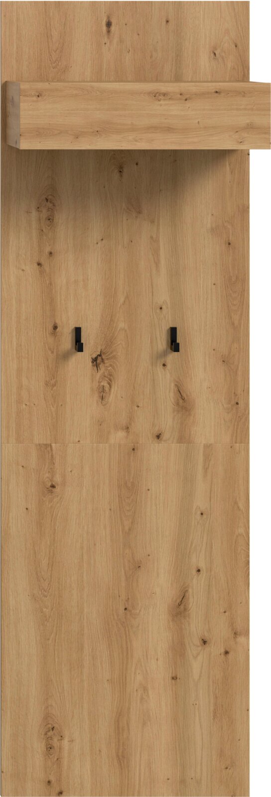 Frontansicht einer Garderobenpaneele aus hellem Holz mit sichtbarer Maserung, oben mit Ablage und zwei schwarzen Wandhaken