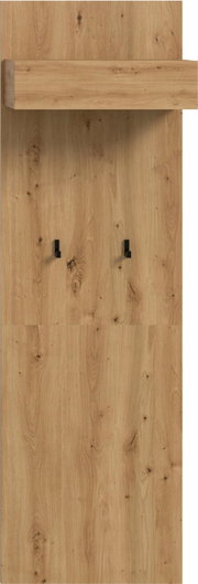 Frontansicht einer Garderobenpaneele aus hellem Holz mit sichtbarer Maserung, oben mit Ablage und zwei schwarzen Wandhaken