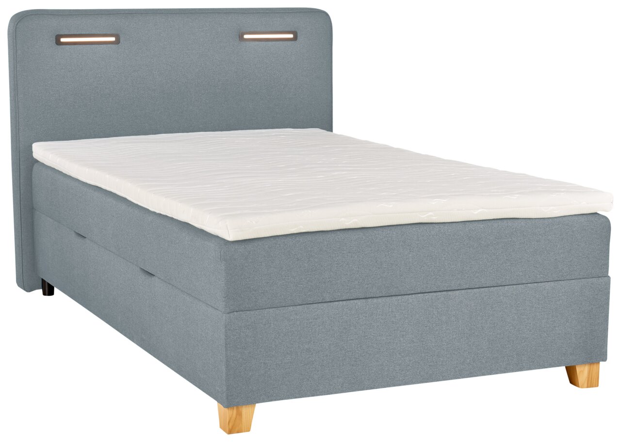 Graues Boxbett mit gepolstertem Kopfteil und integrierter Beleuchtung, seitliche Perspektive