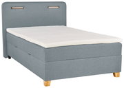 Graues Boxbett mit gepolstertem Kopfteil und integrierter Beleuchtung, seitliche Perspektive