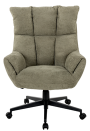 Frontansicht eines bequemen, gepolsterten Chefsessels mit Armlehnen und Rollen in einem neutralen Farbton.