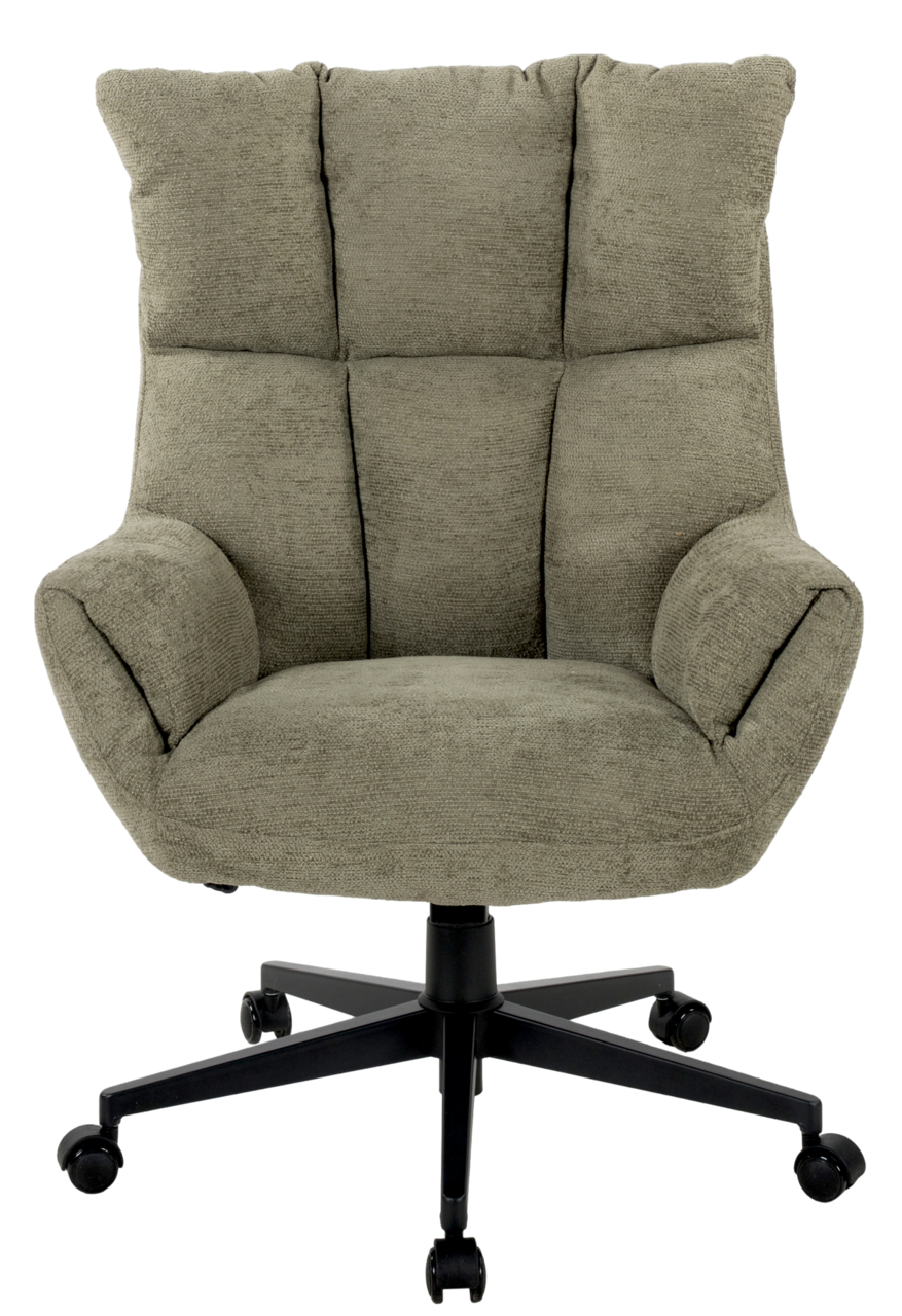Frontansicht eines bequemen, gepolsterten Chefsessels mit Armlehnen und Rollen in einem neutralen Farbton.