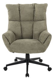 Frontansicht eines bequemen, gepolsterten Chefsessels mit Armlehnen und Rollen in einem neutralen Farbton.