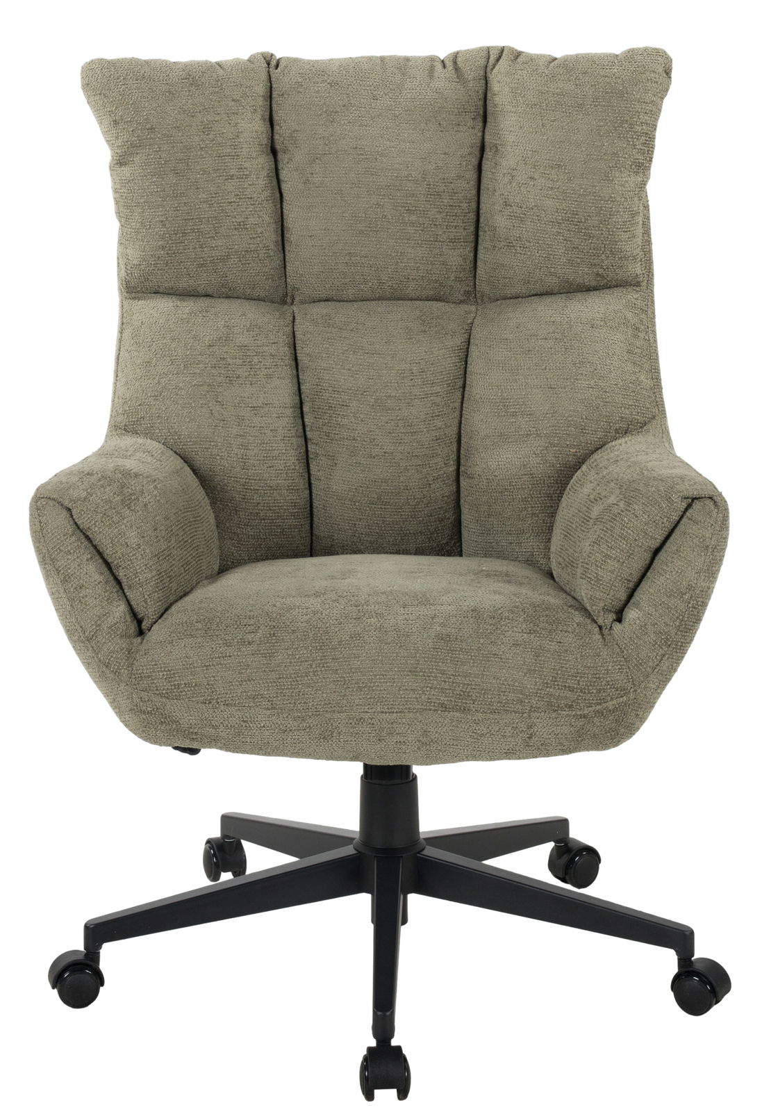 Frontansicht eines bequemen, gepolsterten Chefsessels mit Armlehnen und Rollen in einem neutralen Farbton.