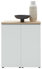 Frontansicht einer modernen Kommode mit zwei Türen, einer Holzoberfläche und dekorativen Objekten darauf.