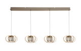 Moderne Pendelleuchte mit vier hängenden Lampenschirmen in Drahtkäfig-Design, seitliche Perspektive