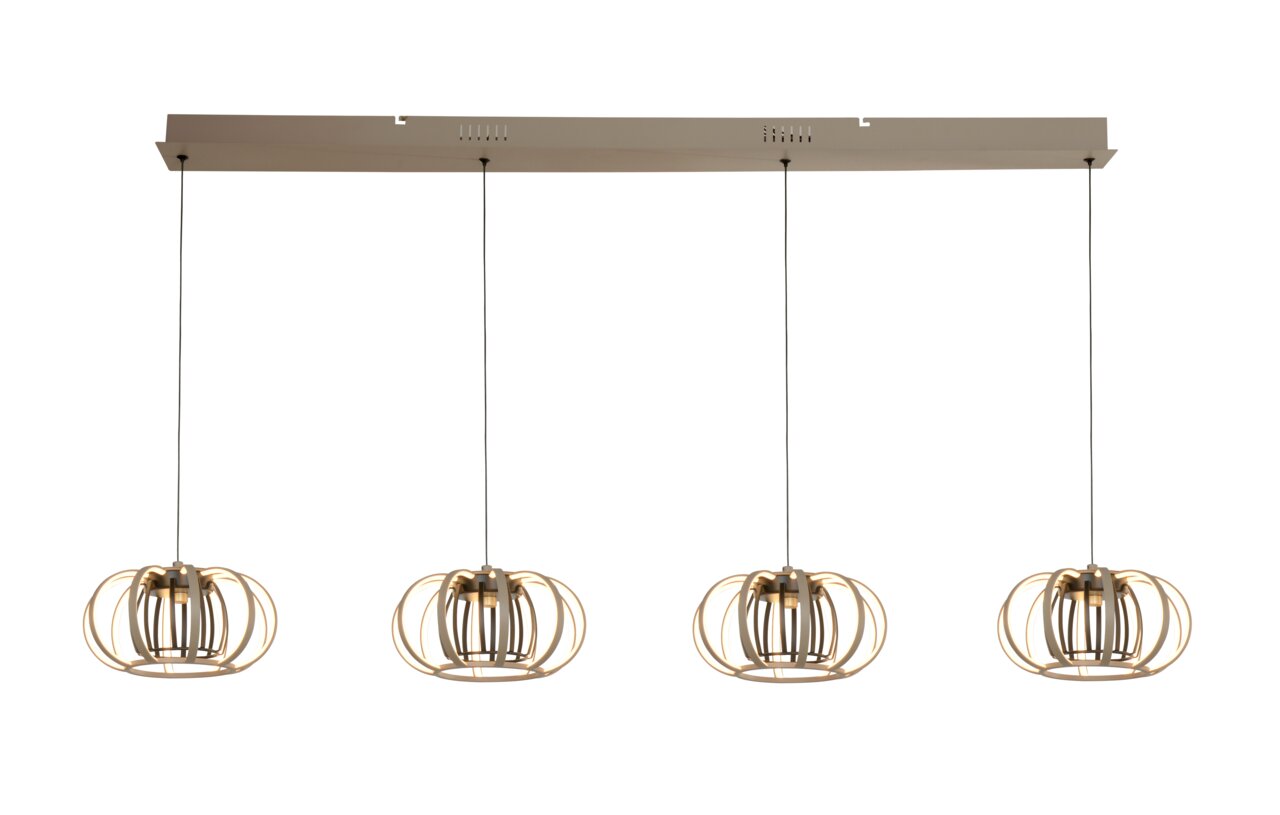 Moderne Pendelleuchte mit vier hängenden Lampenschirmen in Drahtkäfig-Design, seitliche Perspektive