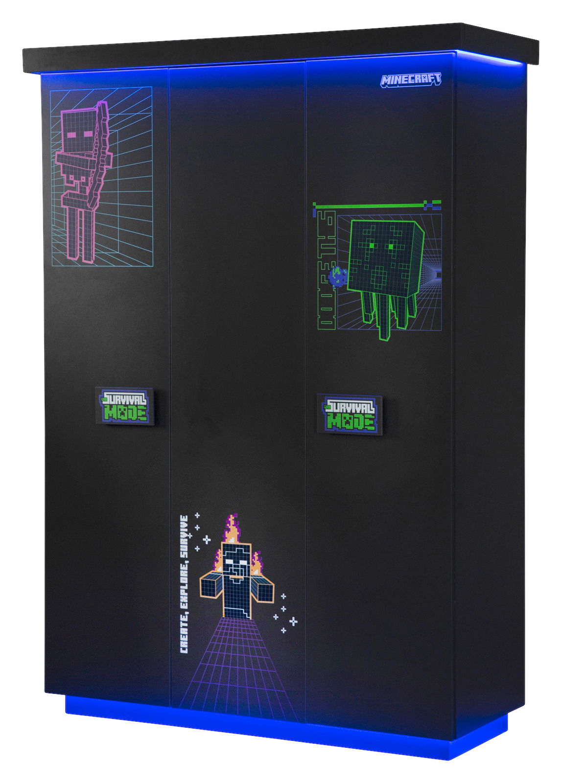 Schwarzer dreitüriger Kleiderschrank mit Minecraft-Motiven und blauer LED-Beleuchtung, Frontalansicht