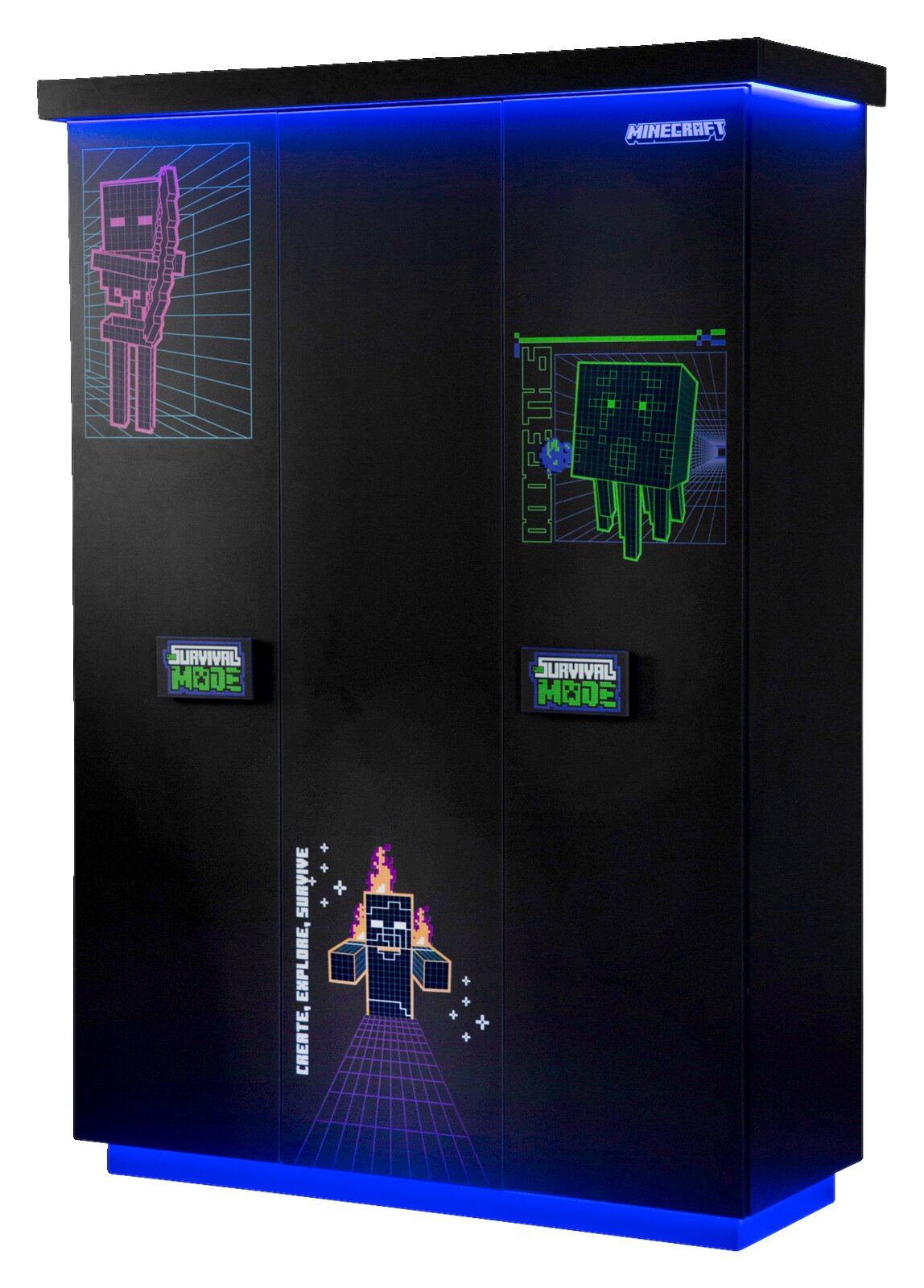 Schwarzer dreitüriger Kleiderschrank mit Minecraft-Motiven und blauer LED-Beleuchtung, Frontalansicht