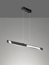 Moderne Pendelleuchte Bridge in seitlicher Perspektive, mit elegantem, geschwungenem Design und schwarzem Gehäuse.