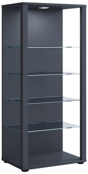 Modernes Regal/Display mit anthrazitfarbenem Rahmen und mehreren Glasböden, mit kleiner LED-Leuchte oben, freistehend auf Füßen, in schräger Frontansicht (leicht von links) vor weißem Hintergrund.