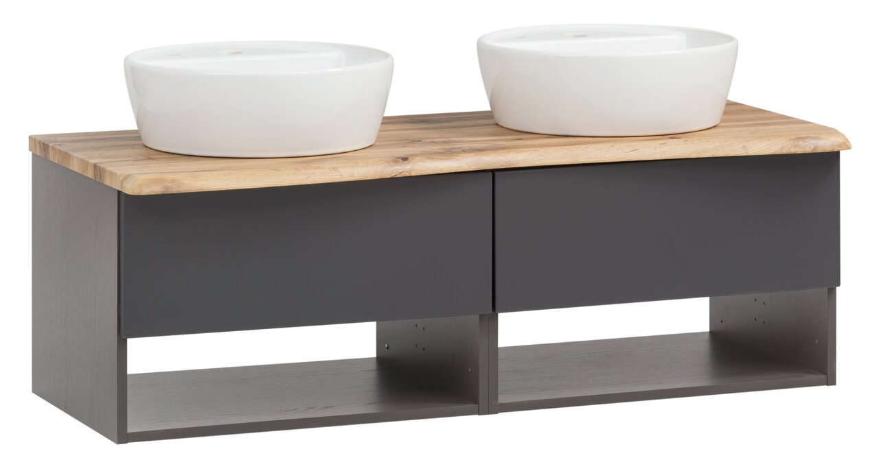 XORA Waschtisch-Set VILLACH Waschtisch-Set mit zwei runden, weißen Aufsatzwaschbecken auf einer Holzplatte und einem dunklen Unterschrank, seitliche Perspektive