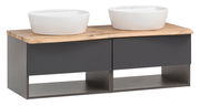 Waschtisch-Set mit zwei runden, weißen Aufsatzwaschbecken auf einer Holzplatte und einem dunklen Unterschrank, seitliche Perspektive