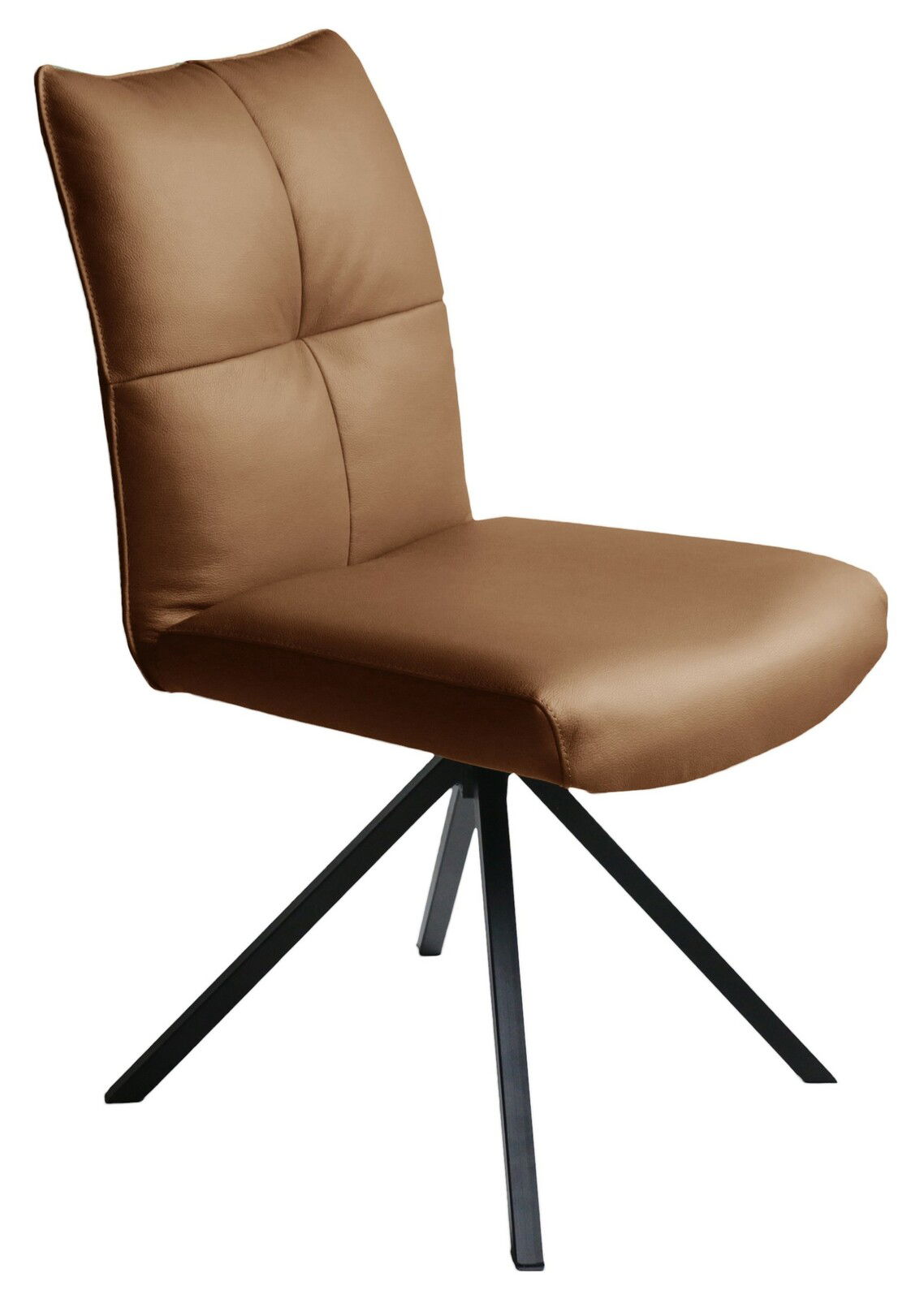 Moderner brauner Stuhl mit gepolsterter Sitzfläche und Rückenlehne, schwarzes Metallgestell, seitliche Perspektive