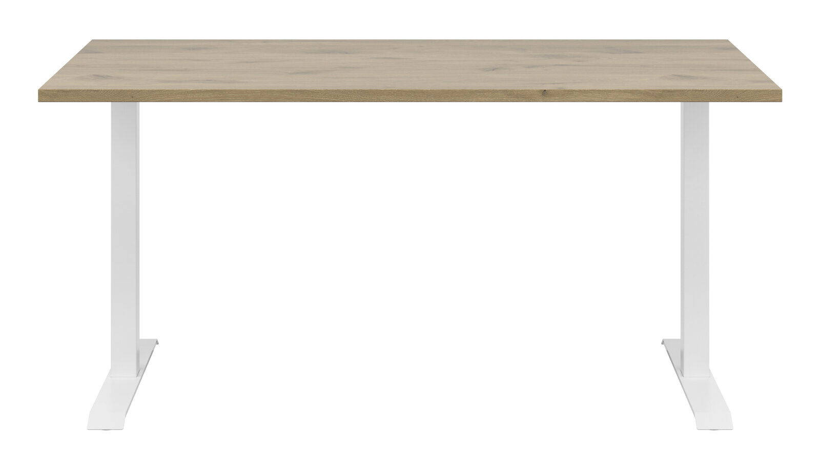 Moderner Schreibtisch mit Holzplatte und weißen Metallbeinen, Frontalansicht