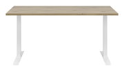 Moderner Schreibtisch mit Holzplatte und weißen Metallbeinen, Frontalansicht