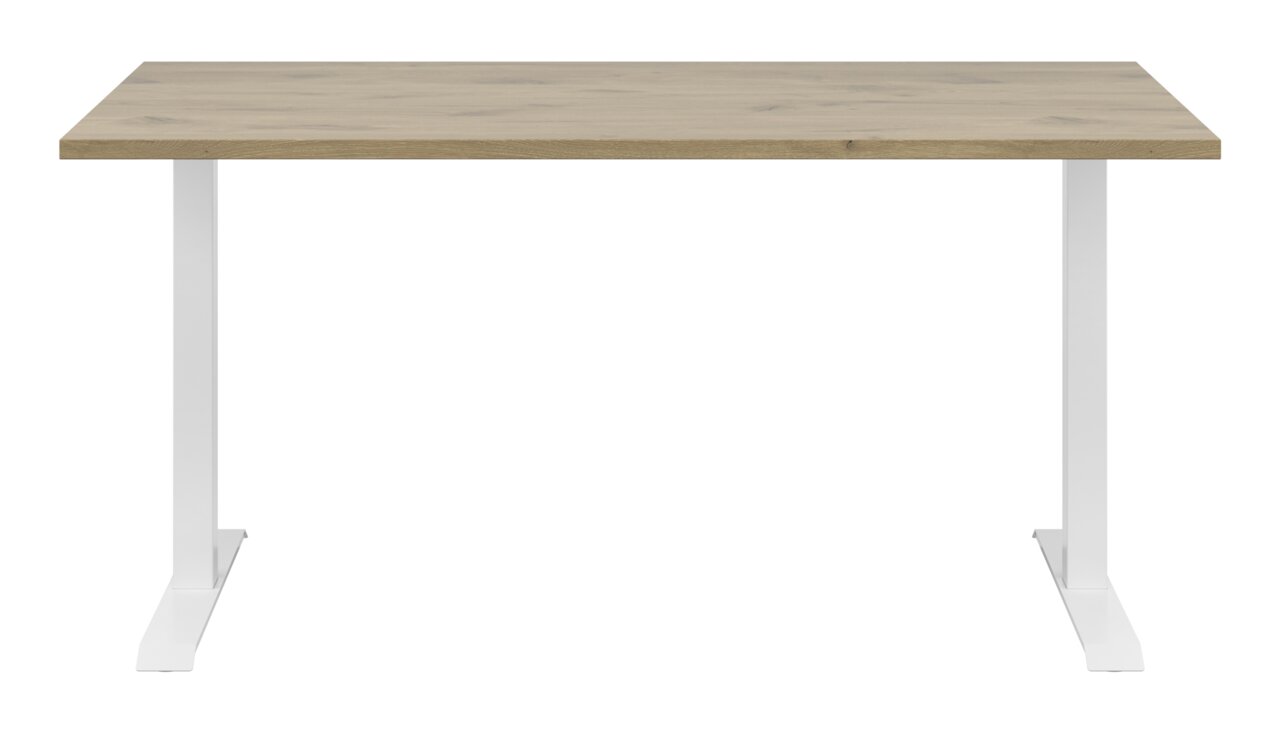 Moderner Schreibtisch mit Holzplatte und weißen Metallbeinen, Frontalansicht