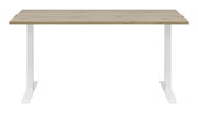 Moderner Schreibtisch mit Holzplatte und weißen Metallbeinen, Frontalansicht