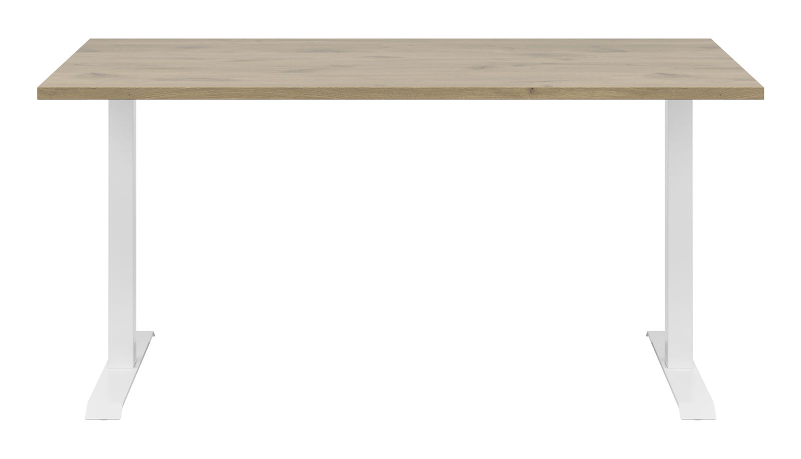 Moderner Schreibtisch mit Holzplatte und weißen Metallbeinen, Frontalansicht