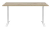 Moderner Schreibtisch mit Holzplatte und weißen Metallbeinen, Frontalansicht
