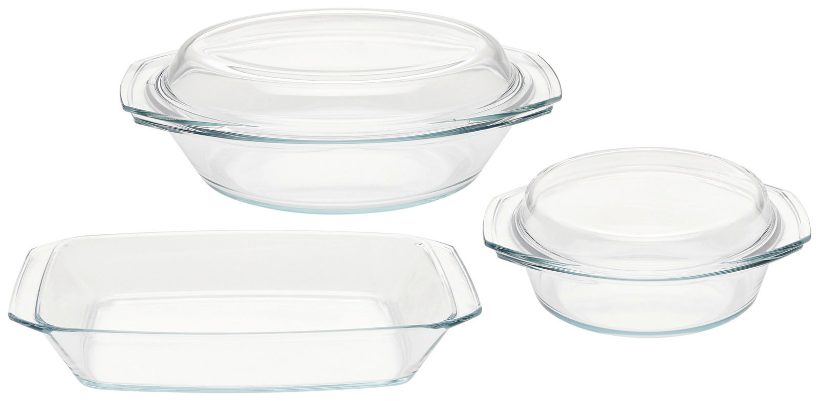 Dreiteiliges Schüsselset aus Glas, bestehend aus zwei runden und einer rechteckigen Schüssel, aus der Vogelperspektive fotografiert.