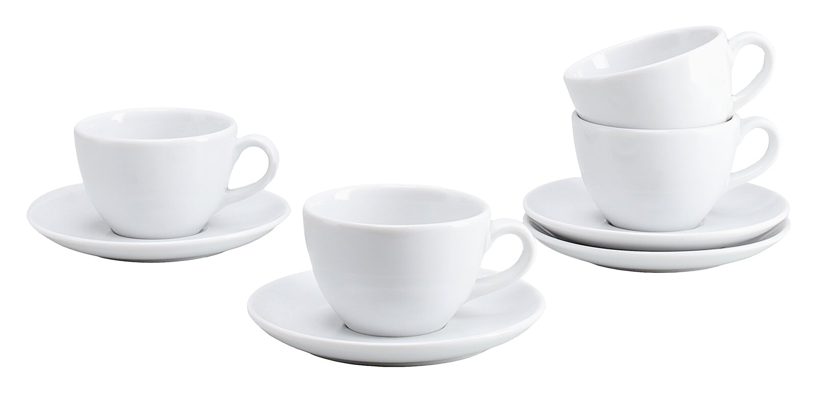 creaTable Kaffeetasse Set 8-tlg BISTROT Weiße Porzellan-Kaffeetassen mit Untertassen, drei Sets auf weißem Hintergrund, seitliche Ansicht in leicht erhöhter Perspektive