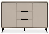 Modernes Sideboard in Beige mit zwei Türen und zwei Schubladen, frontal betrachtet.