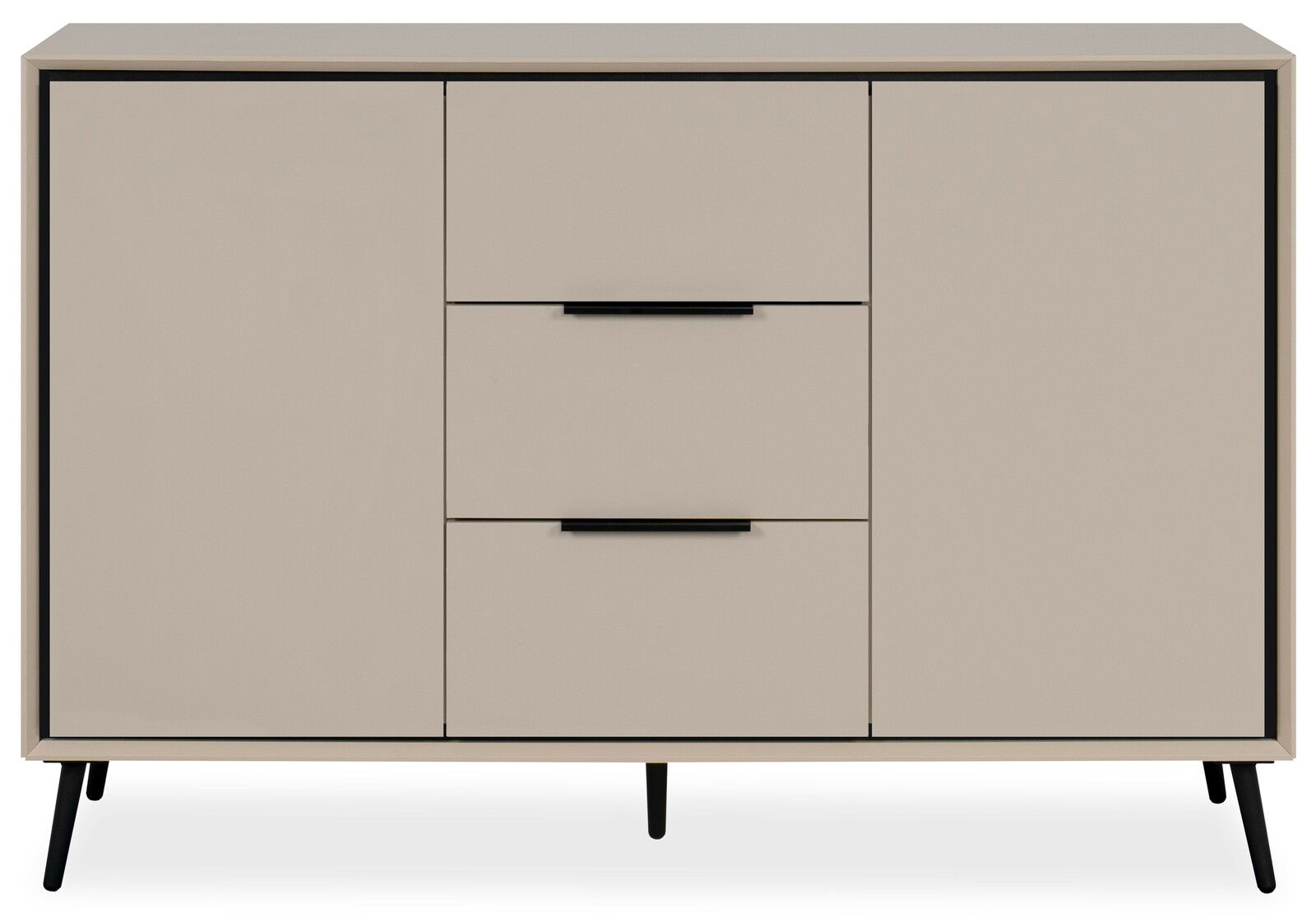 Modernes Sideboard in Beige mit zwei Türen und zwei Schubladen, frontal betrachtet.