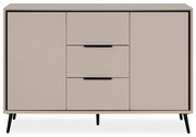 Modernes Sideboard in Beige mit zwei Türen und zwei Schubladen, frontal betrachtet.