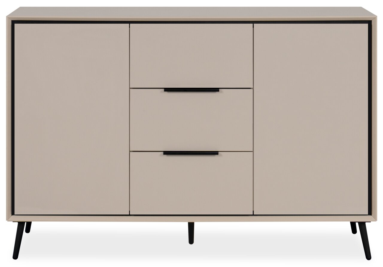Modernes Sideboard in Beige mit zwei Türen und zwei Schubladen, frontal betrachtet.
