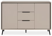 Modernes Sideboard in Beige mit zwei Türen und zwei Schubladen, frontal betrachtet.