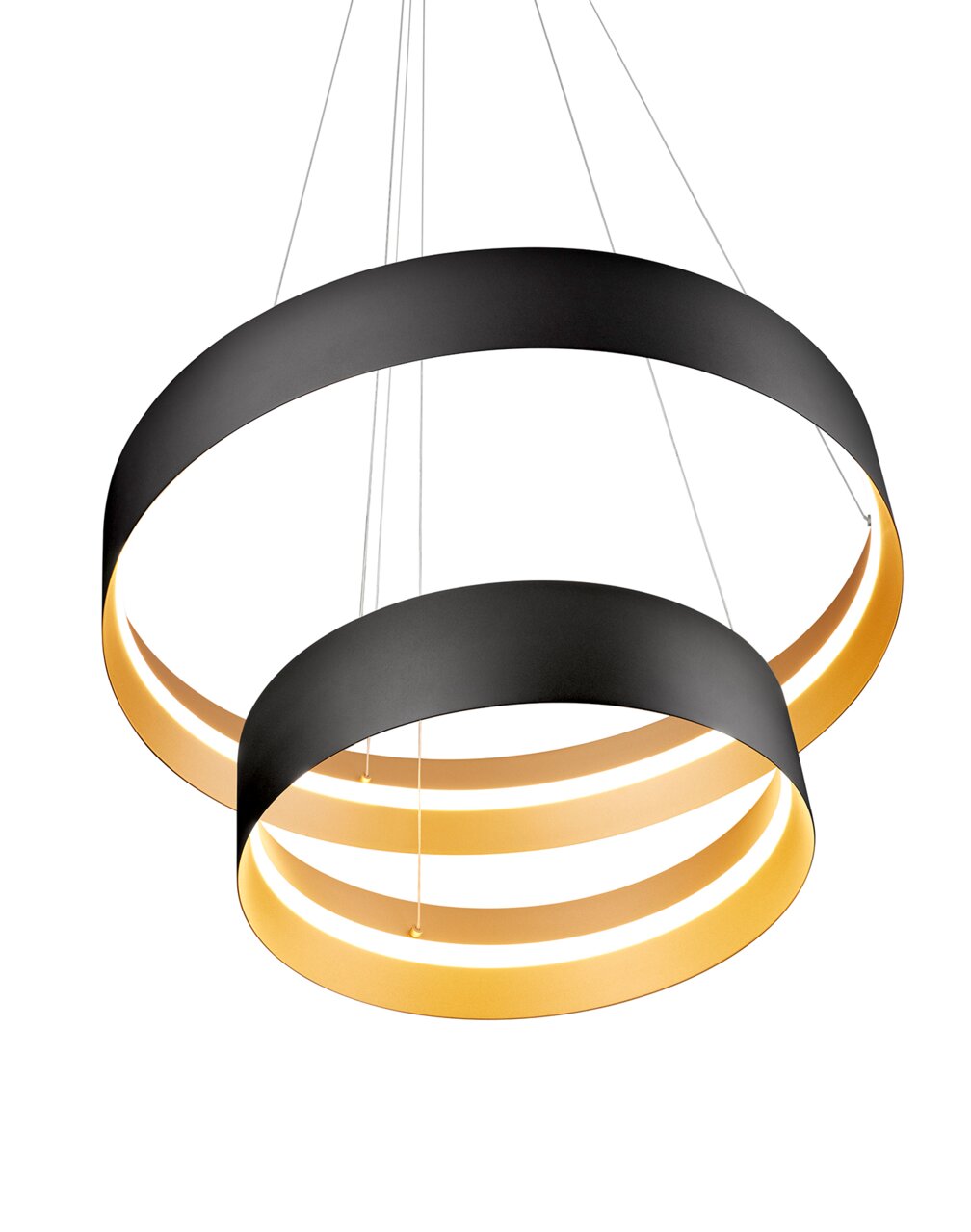 Moderne Pendelleuchte LOOP mit zwei übereinanderliegenden, schwarzen Ringen und goldener Innenseite, seitliche Perspektive.