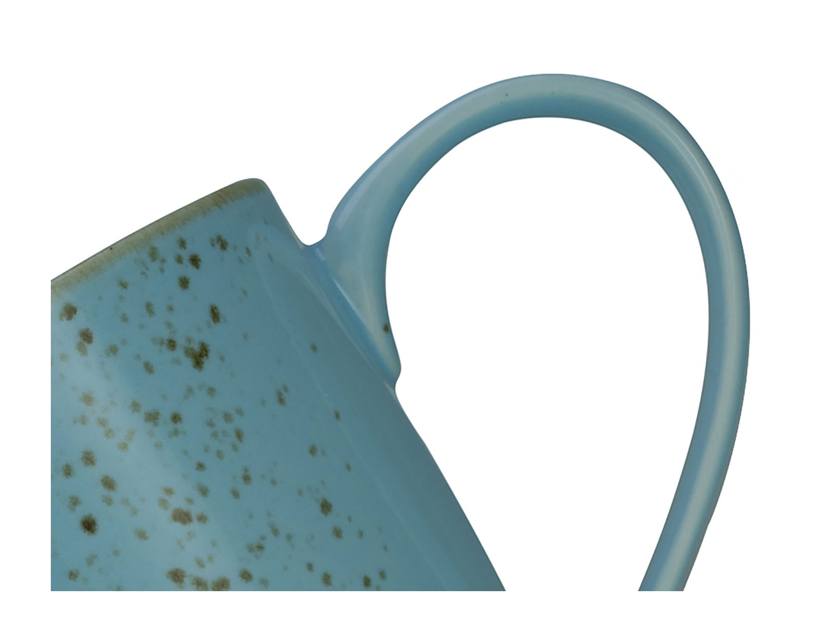 Nahaufnahme einer blauen Tasse mit gesprenkeltem Muster und Henkel, seitliche Perspektive