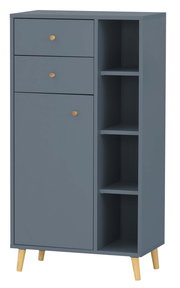 Graues Highboard mit zwei Schubladen, einer Tür und offenen Regalfächern, aus der Vorderansicht
