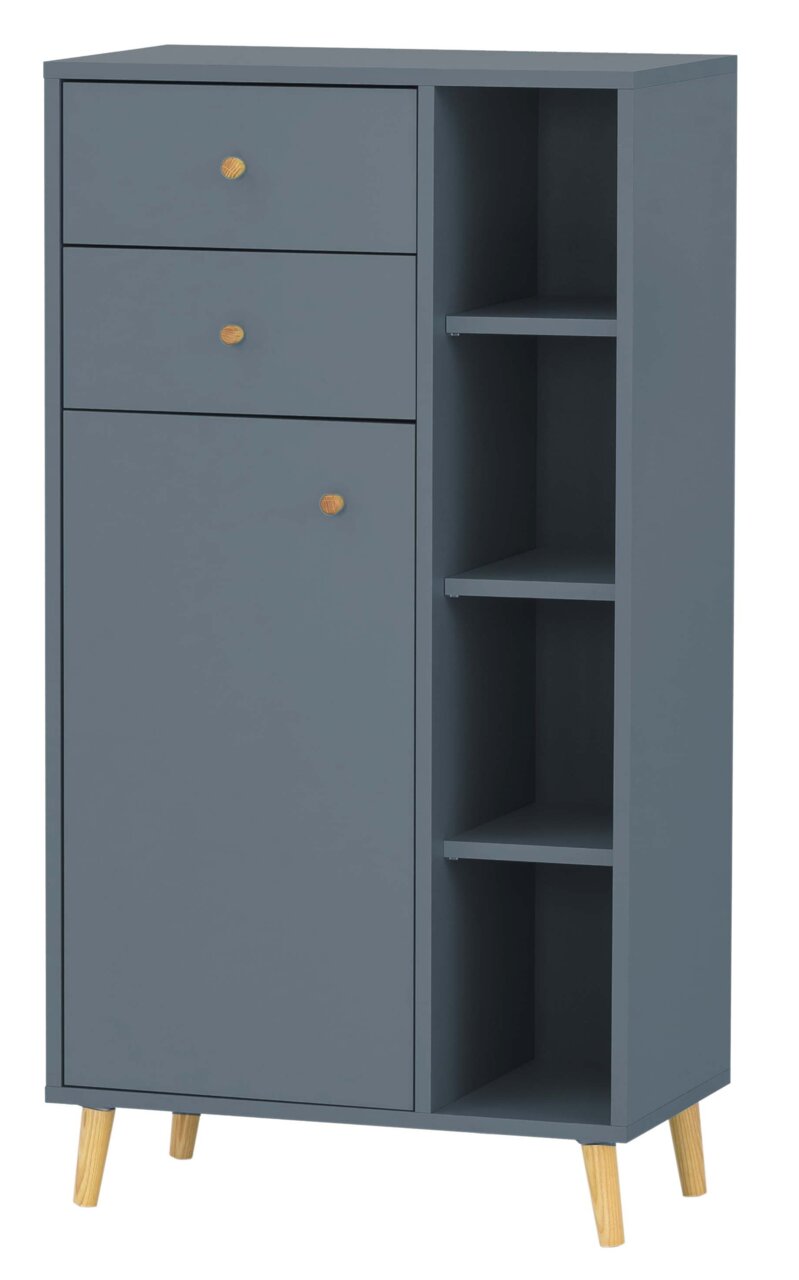 Stylife Highboard BJARNE Graues Highboard mit zwei Schubladen, einer Tür und offenen Regalfächern, aus der Vorderansicht