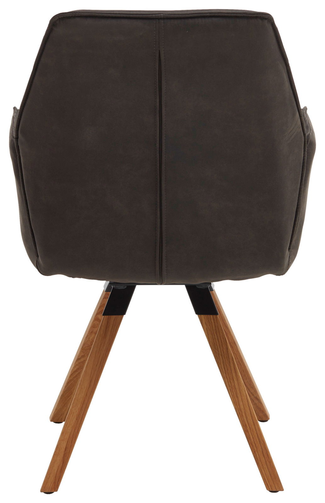 Rückansicht eines Sessels der Serie TORTILLA mit dunklem Bezug und Holzbeinen.