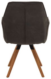 Rückansicht eines Sessels der Serie TORTILLA mit dunklem Bezug und Holzbeinen.