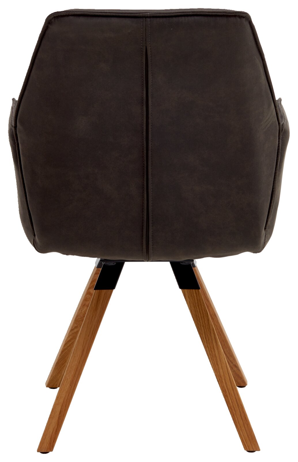 Achterkant van een fauteuil uit de TORTILLA-serie met een donkere bekleding en houten poten.