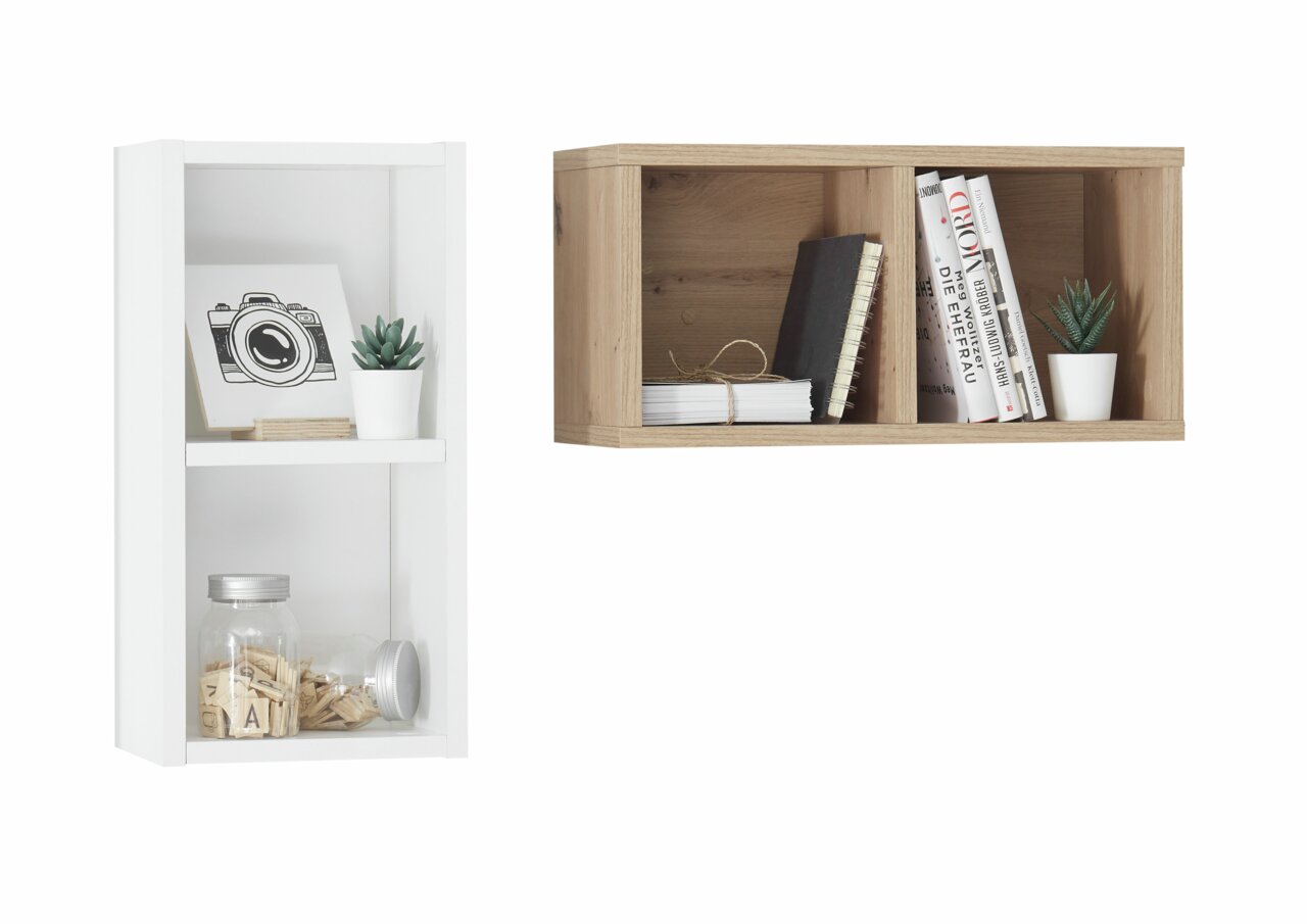 Zwei Hängeboxen, eine in Weiß mit zwei Regalfächern und dekorativen Elementen, und eine in Holzoptik mit zwei Fächern, gefüllt mit Büchern und einer Pflanze, aus frontaler Perspektive.