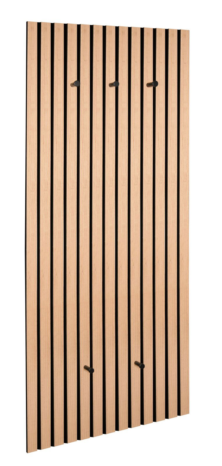 Wandgarderobe mit vertikalen Holzlatten und schwarzen Haken, seitliche Perspektive