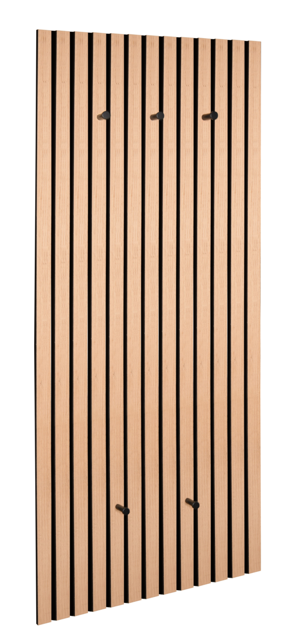XORA Wandgarderobe GRACE Wandgarderobe mit vertikalen Holzlatten und schwarzen Haken, seitliche Perspektive