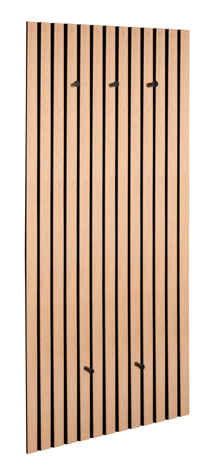 XORA Wandgarderobe GRACE Wandgarderobe mit vertikalen Holzlatten und schwarzen Haken, seitliche Perspektive